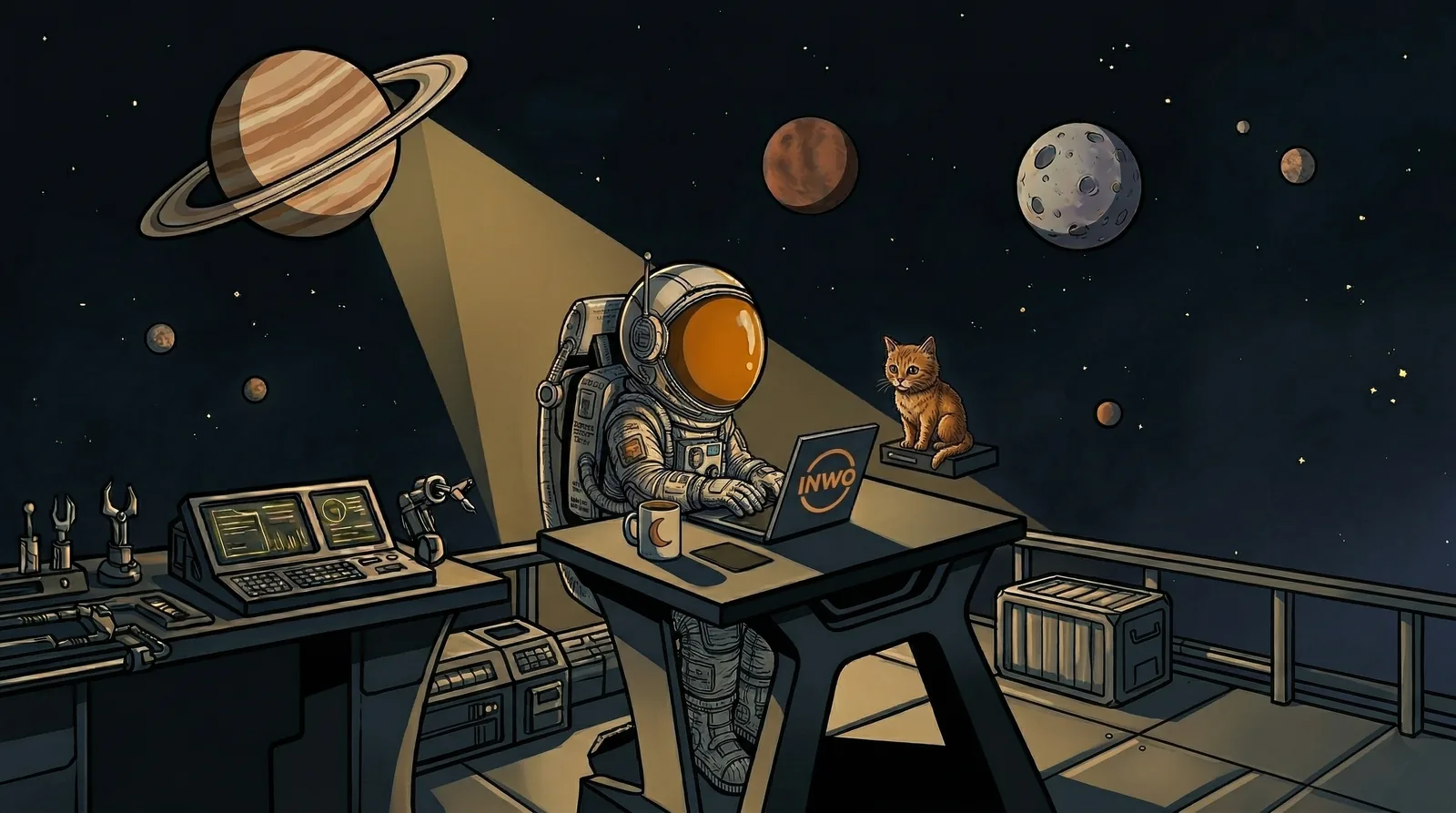 Astronaut coding on a laptop at a desk in space, planets in the background